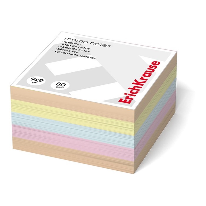 Блок бумага для записей на склейке ErichKrause, 9 x 9 x 5 см, 80 г/м2, 4 цвета блок бумаги для записей erichkrause 9 x 9 x 5 см в пластиковом боксе 80 г м2 цветной