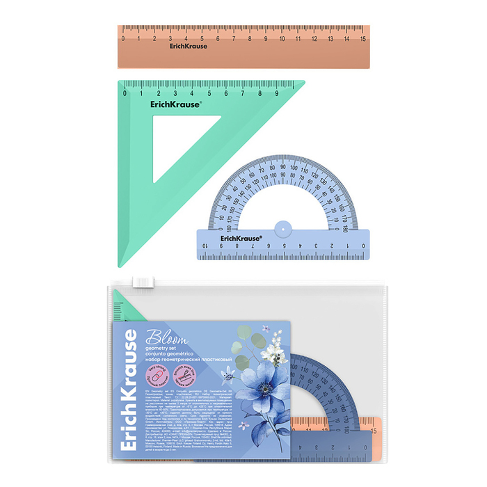 Набор геометрический ErichKrause Pastel Bloom, пластиковый, малый (линейка, угольник, транспортир), микс, в zip-пакете