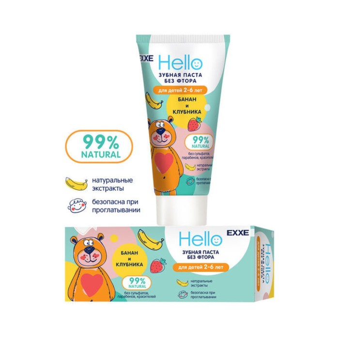 фото Паста зубная детская exxe hello, с бананом и клубникой, 2-6 лет, 50 мл