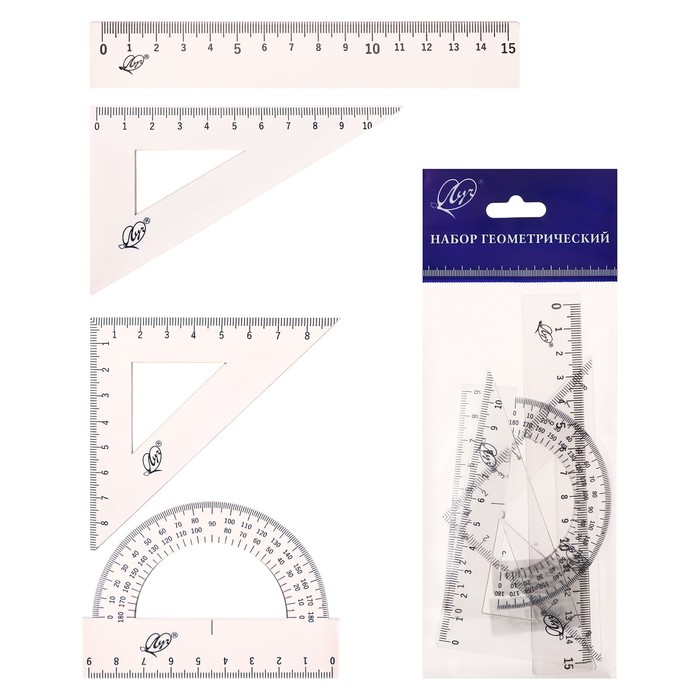 Набор чертёжный 4 предмета линейка 15 см угольник 30 60 10 см угольник 45 45 8 см транспортир 180 9 см прозрачный 79₽