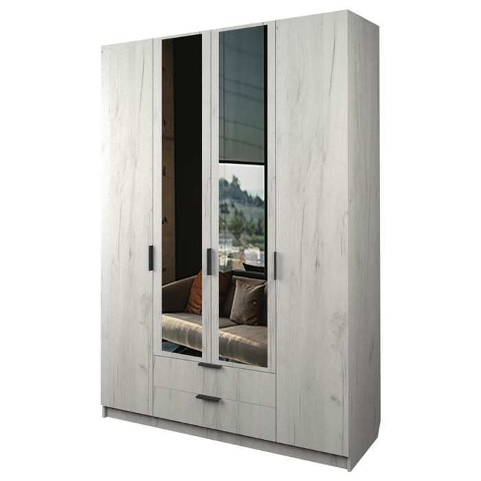 Шкаф 4-х дверный «Экон», 1600×520×2300 мм, 2 ящика, 2 зеркала, цвет дуб крафт белый 32848