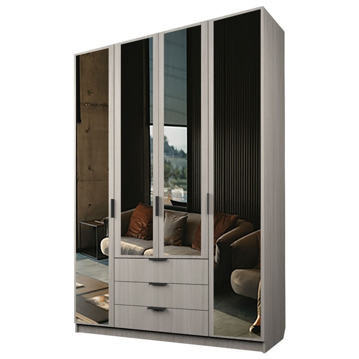 Шкаф 4-х дверный «Экон», 1600×520×2300 мм, 3 ящика, 4 зеркала, цвет ясень шимо светлый 36741