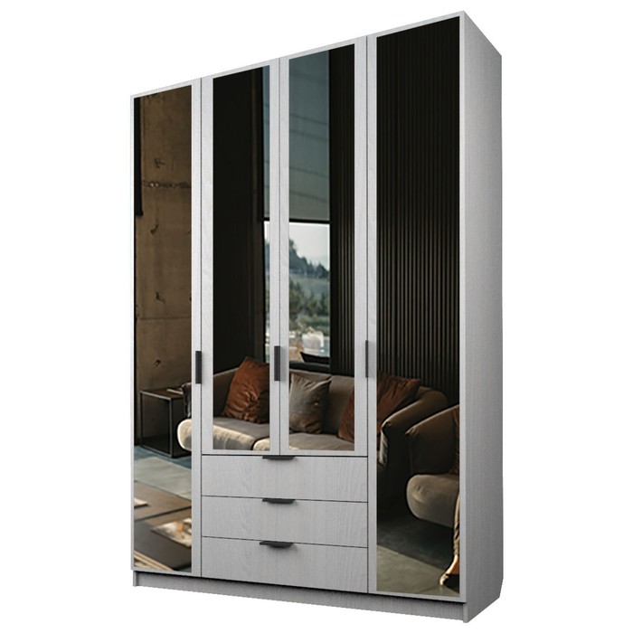 Шкаф 4-х дверный «Экон», 1600×520×2300 мм, 3 ящика, 4 зеркала, цвет ясень анкор светлый 36741