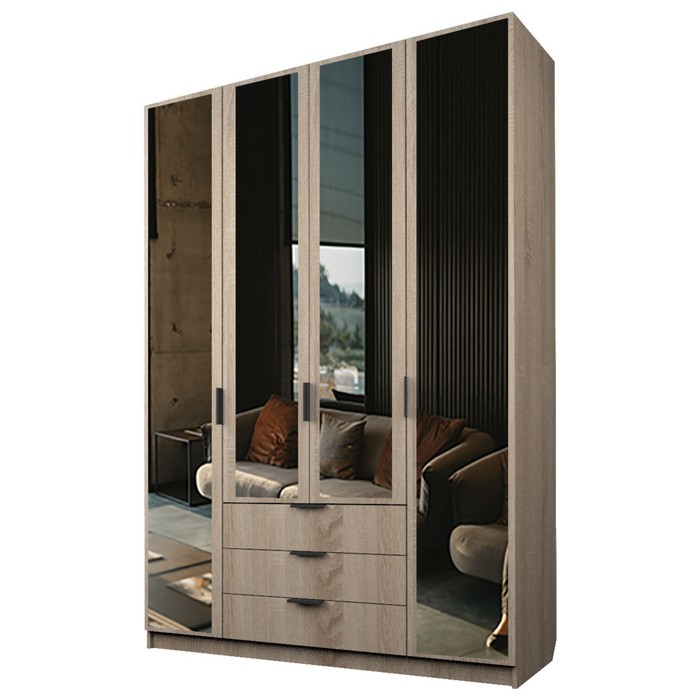 Шкаф 4-х дверный «Экон», 1600×520×2300 мм, 3 ящика, 4 зеркала, цвет дуб сонома 36741