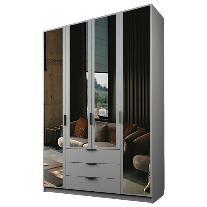 Шкаф 4-х дверный «Экон», 1600×520×2300 мм, 3 ящика, 4 зеркала, цвет серый шагрень 36741