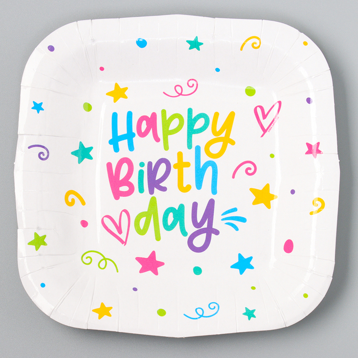фото Тарелка бумажная квадратная "happy birthday", звёздочки, 16,5х16,5 см страна карнавалия