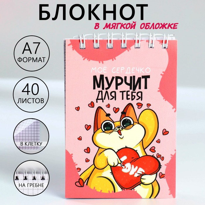 

Блокноты в мягкой обложке А7, 40 л на гребне «Мурчит для тебя»