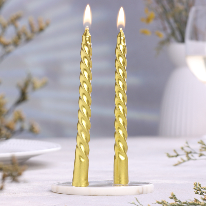 Набор свечей витых, 1,5х 15 см, 2 штуки, золотой металлик набор свечей витых 1 5х 15 см 2 штуки рубиновый металлик
