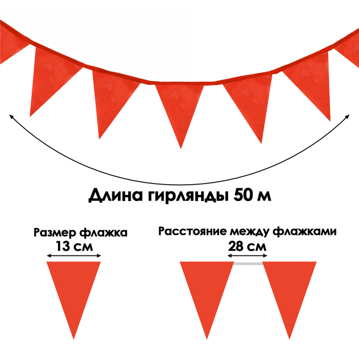 

Флажки-гирлянда, l-50 м, (набор 100 шт), флажок 13 х 18 см, красные