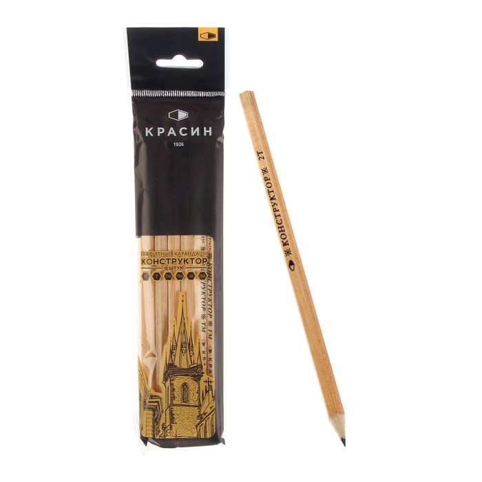 Набор карандашей чернографитных разной твердости Красин 6 штук Конструктор Винтаж 2Т,Т,М,2М,ТМ,ТМ