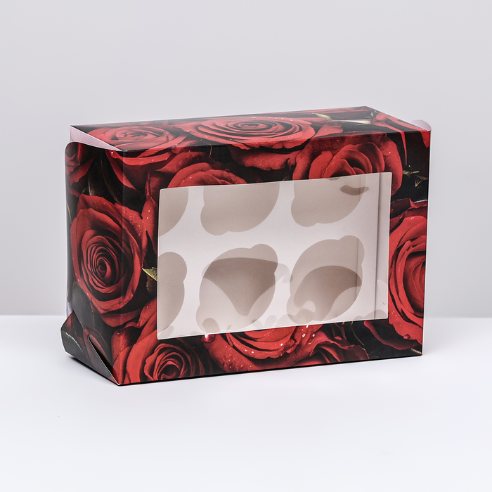 Упаковка на 6 капкейков с окном , Розы, 25 х 17 х 10 см