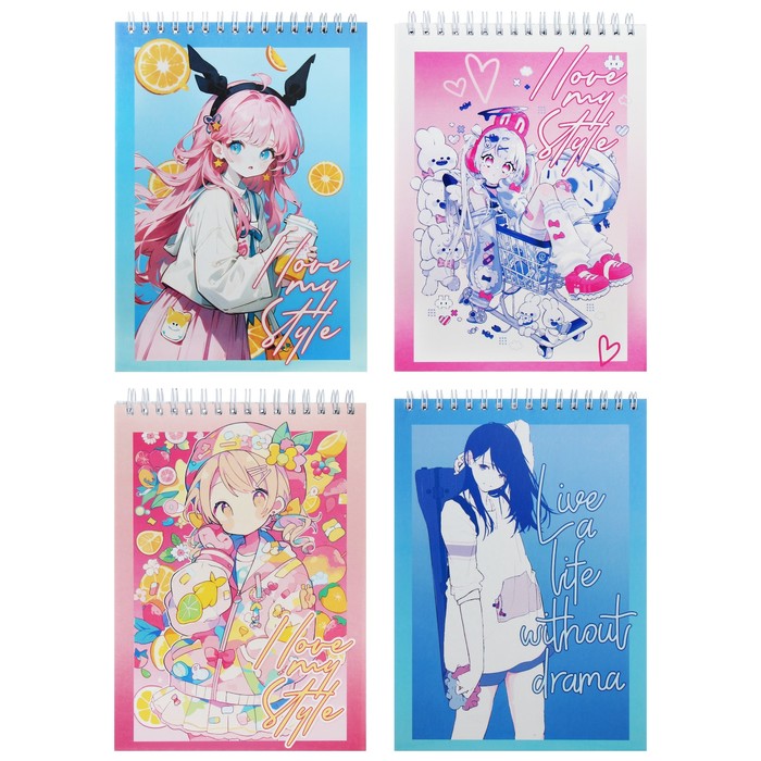 Блокнот А5 80 листов в клетку на гребне Стиль Аниме обложка мелованный картон твёрдая подложка МИКС 90₽