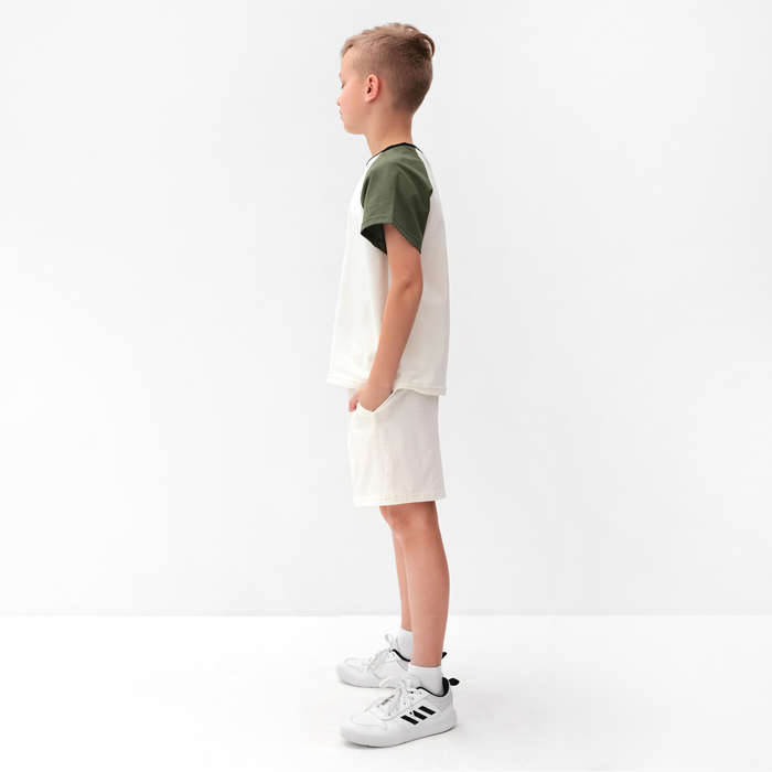 Комплект для мальчика (футболка и шорты) MINAKU, цвет экрю/оливковый, рост 128 см