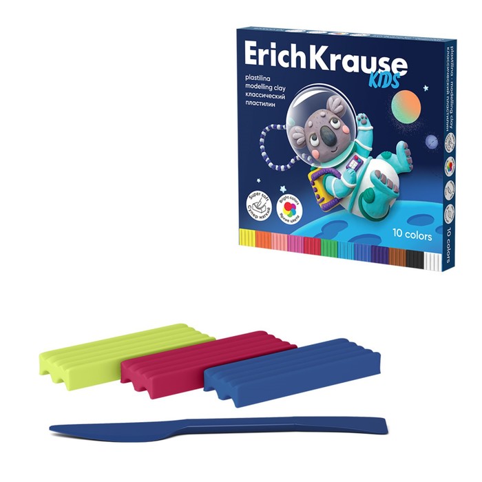 Пластилин 10 цветов, 180 г, ErichKrause Kids Space Animals, со стеком, в картонной упаковке лео пластилин классический учись школасад lmc 0110 200 г в картонной упаковке 10 цв
