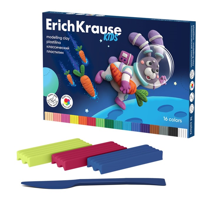 Пластилин 16 цветов 216 г ErichKrause Kids Space Animals со стеком в картонной упаковке 219₽