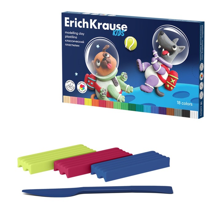Пластилин 18 цветов, 324 г, ErichKrause Kids Space Animals, со стеком, в картонной упаковке лео пластилин классический учись школасад lmc 0118 360 г в картонной упаковке 18 цв
