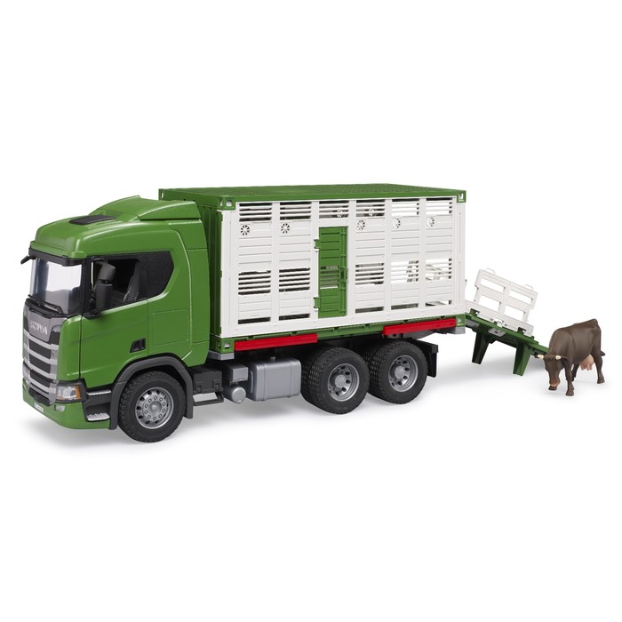 Грузовик Bruder Scania, для перевозки животных, с коровой, цвет зелёный