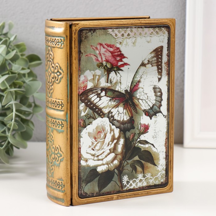 Шкатулка-книга металл, кожзам Бабочка и розы с зеркалом 17х12х5 см