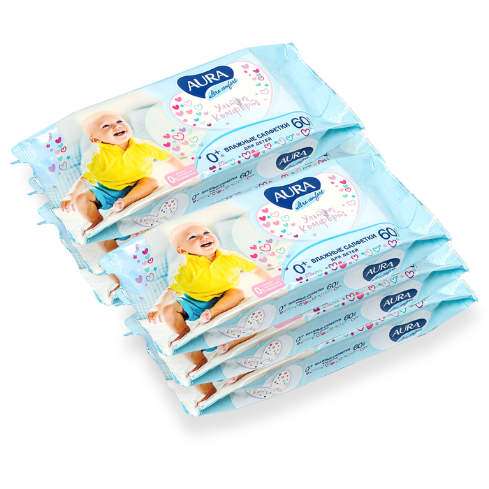 Влажные салфетки Aura Ultra Comfort детские, 6 упаковок по 60 шт