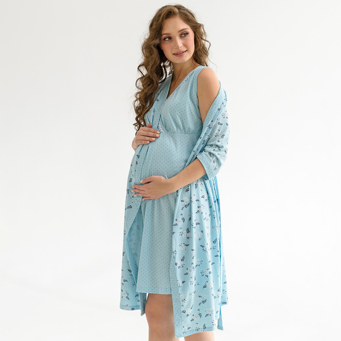 Комплект женский для беременных (сорочка/халат), цвет небесный, размер 48