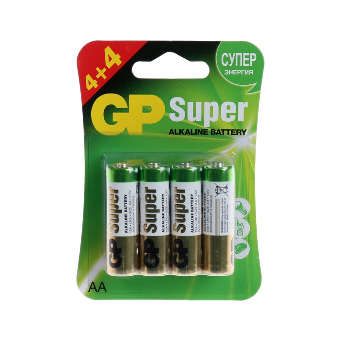 Батарейка алкалиновая GP, AA, LR6-8BL, 1.5В, блистер, 4+4 шт батарейка алкалиновая gp super aa lr6 8bl 1 5в 4 4 шт