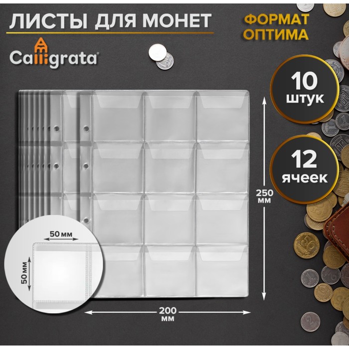 Набор листов для монет формат Оптима 10 листов 200 х 250 мм на 12 ячеек 50 х 50 мм 359₽