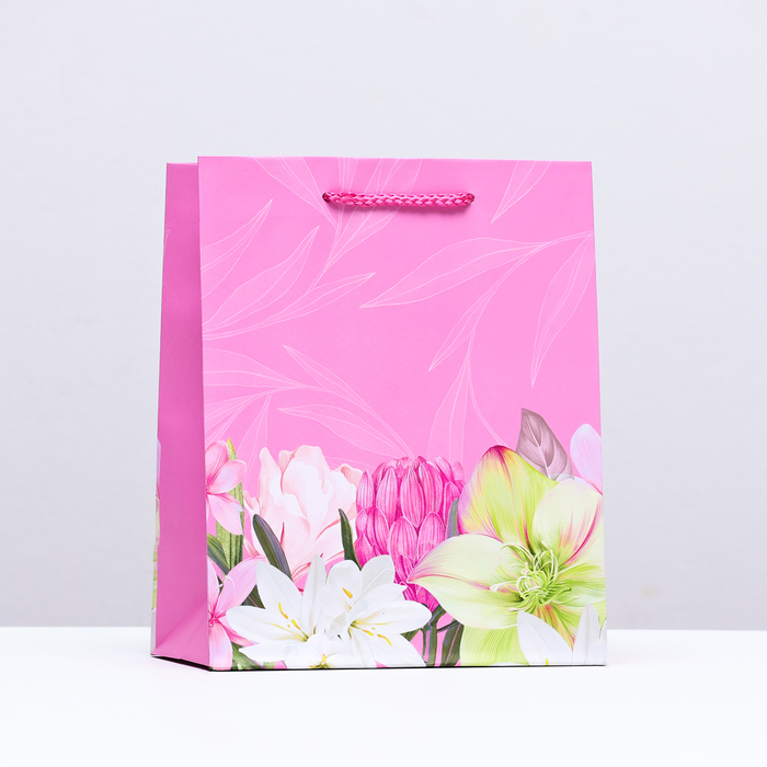 Пакет подарочный Цветочное настроение, розовый, 18 х 22,3 х 10 см