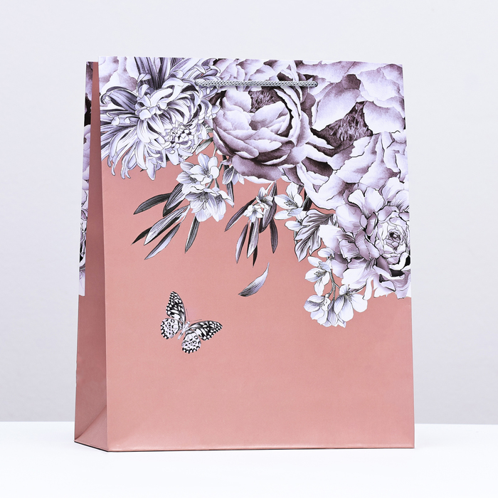 Пакет подарочный Бабочка в цветах, персик, 26 х 32 х 12 см