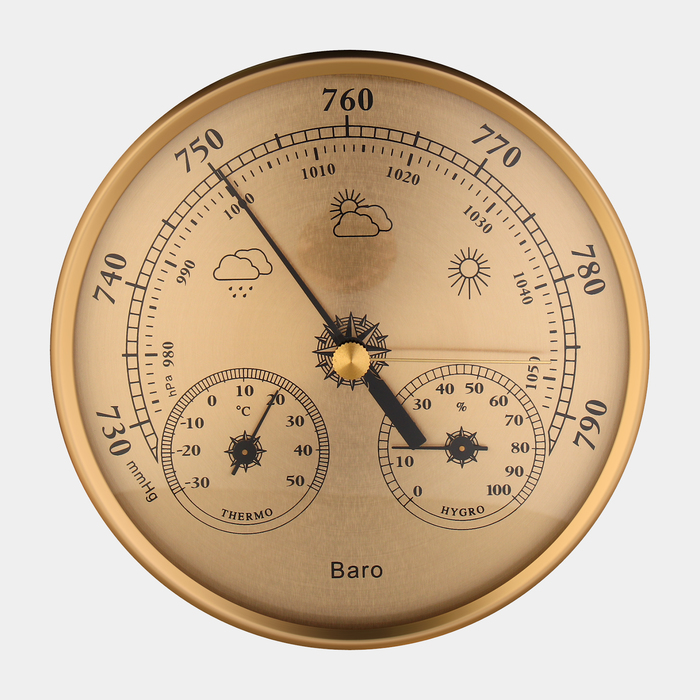 

Барометр механический, метеостанция, настенный, золотая рамка, d = 13 см