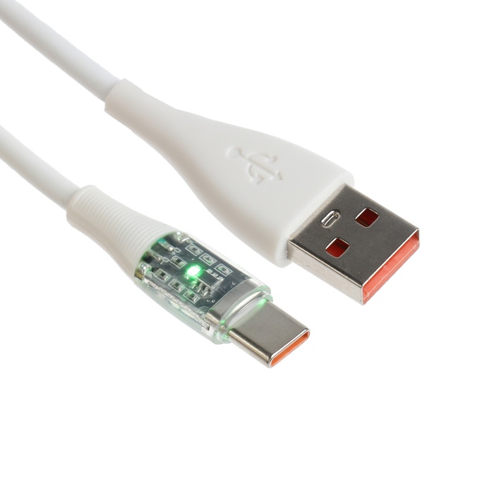 

Кабель, 3 А, Type-C - USB, прозрачный, TPE оплётка, 1 м, белый