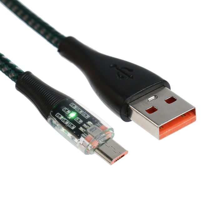 

Кабель, 2 А, MicroUSB - USB, прозрачный, оплётка нейлон, 1 м, зелёный