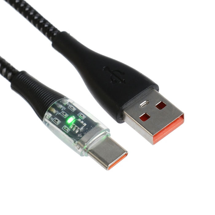 

Кабель, 3 А, Type-C - USB, прозрачный, оплётка нейлон, 1 м, чёрный