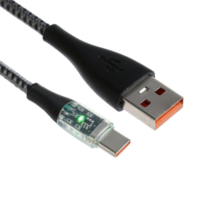 

Кабель, 3 А, Type-C - USB, прозрачный, оплётка нейлон, 1 м, серый