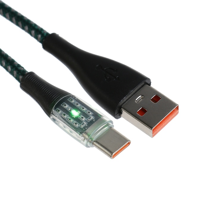

Кабель, 3 А, Type-C - USB, прозрачный, оплётка нейлон, 1 м, зелёный