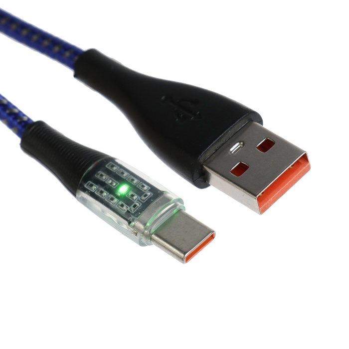 

Кабель, 3 А, Type-C - USB, прозрачный, оплётка нейлон, 1 м, синий