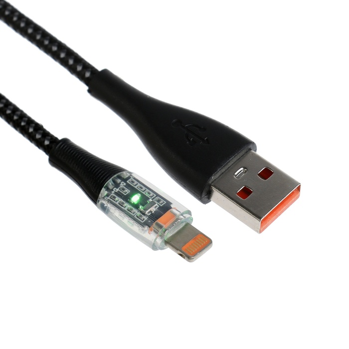 

Кабель, 2 А, Lightning - USB, прозрачный, оплётка нейлон, 1 м, чёрный
