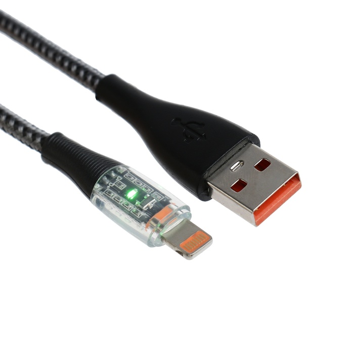 Кабель, 2 А, Lightning - USB, прозрачный, оплётка нейлон, 1 м, серый luazon home кабель luazon lightning usb 1 а 1 м оплётка нейлон красный