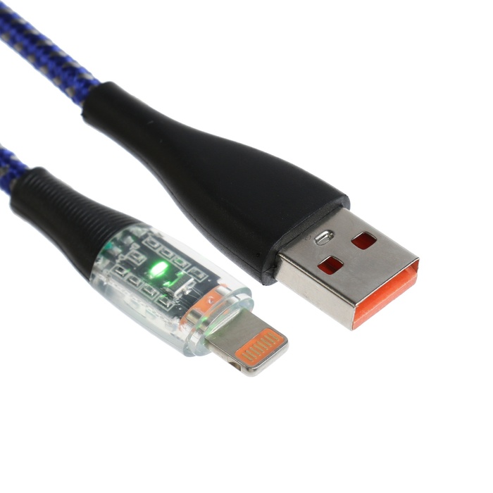 

Кабель, 2 А, Lightning - USB, прозрачный, оплётка нейлон, 1 м, синий