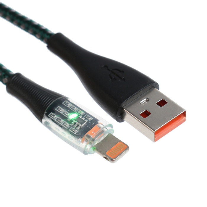 

Кабель, 2 А, Lightning - USB, прозрачный, оплётка нейлон, 1 м, зелёный