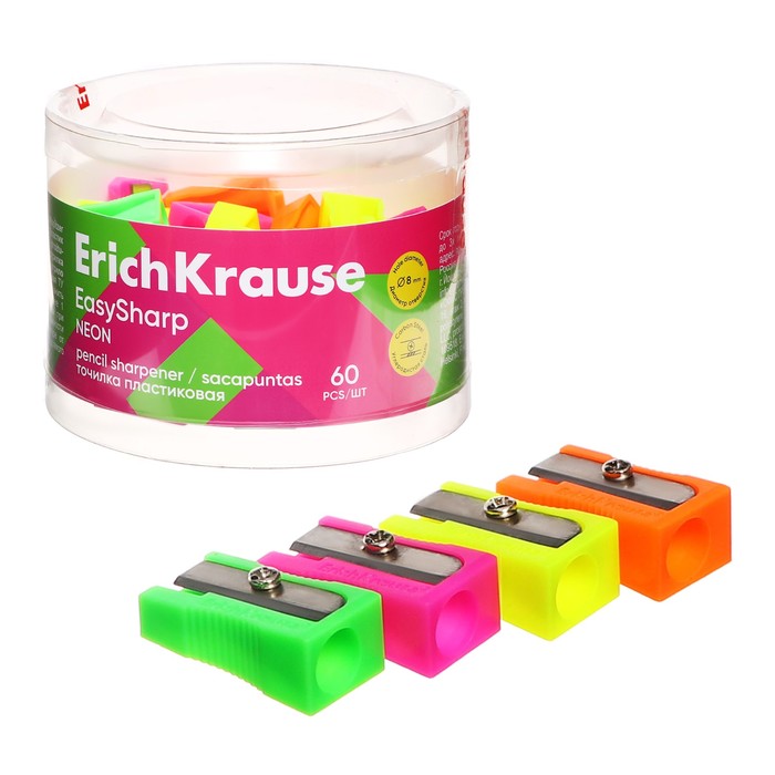 Точилка 1 отверстие ErichKrause EasySharp Neon, пластиковая, МИКС точилка пластиковая spike 1 отверстие контейнер микс дисплей