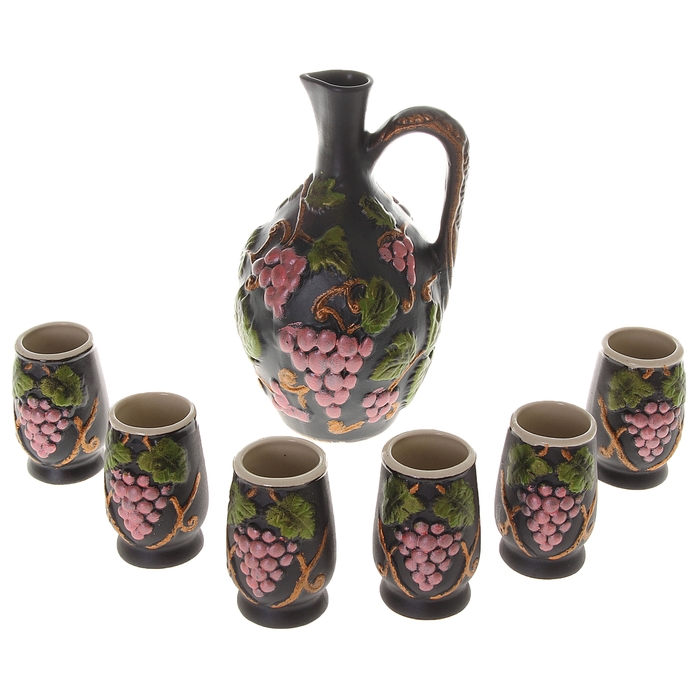 Штоф с рюмками "Лоза" чёрная глазурь, розовый виноград, 7 предметов, 0,7 л