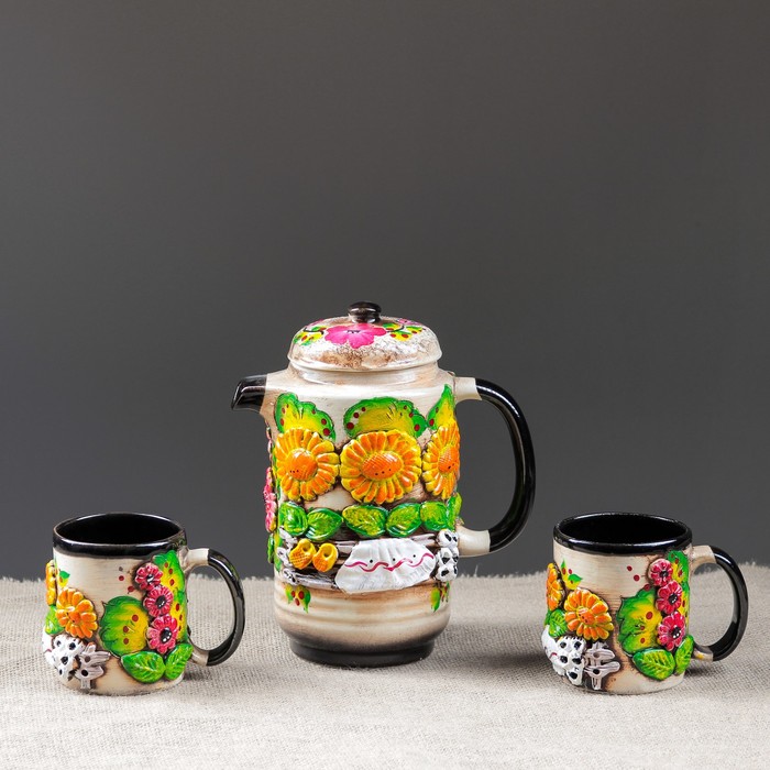 Набор чайный высокий "Деревня" цветная лепка, 3 предмета, 1 л/ 0,3 л