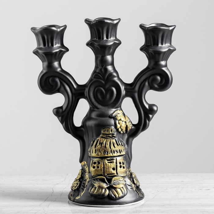 Подсвечник "Деревня" лепка, коричневый, золото