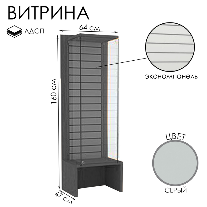 

Витрина закрытая с экономпанелью, 64×47×160, ЛДСП, стекло, цвет серый