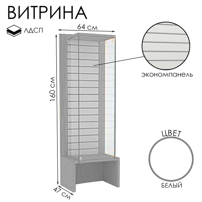 

Витрина закрытая с экономпанелью, 64×47×160, ЛДСП, стекло, цвет белый