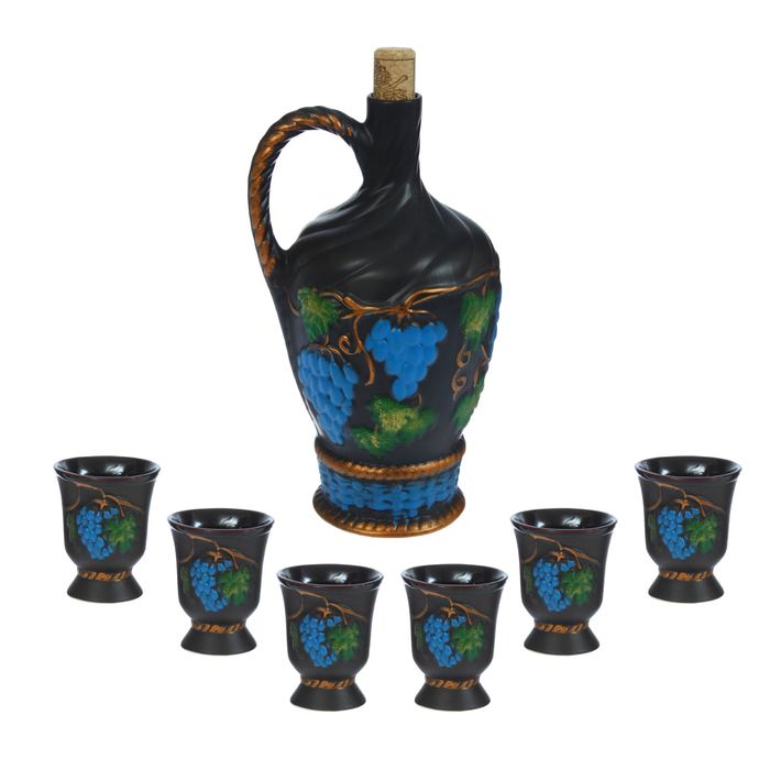 Штоф с рюмками "Корзинка" чёрная глазурь, синий виноград, 7 предметов, 0,7 л