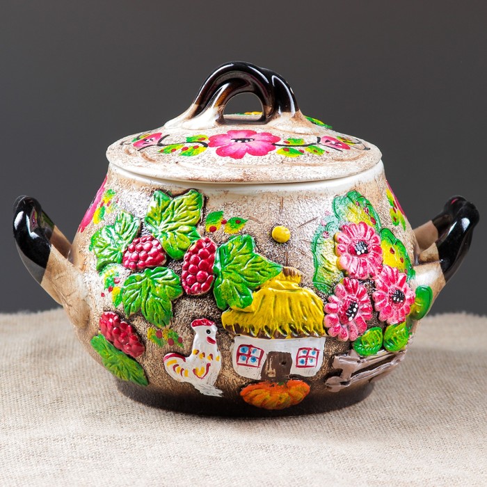 Жаровня "Деревня" цветная лепка, 3 л