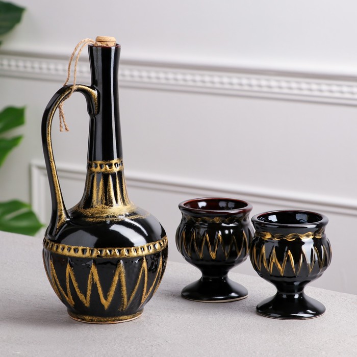 Штоф с рюмками "Грузия" чёрный, глазурь, светлое золото, 3 предмета, 1 л