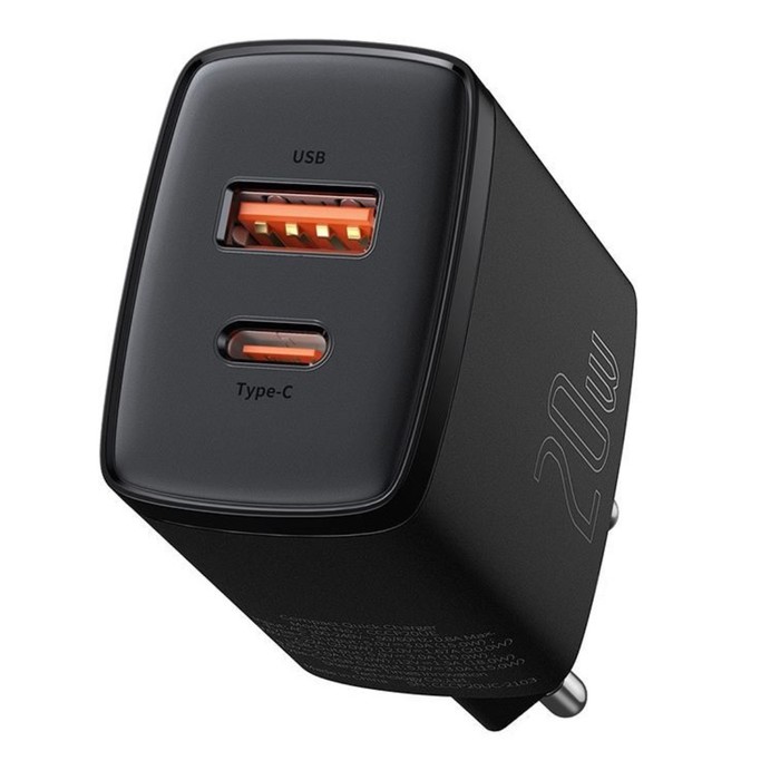 Зарядное устройство Baseus Compact Quick Charger USB+Type-C, 3A, 20W, черный цена и фото