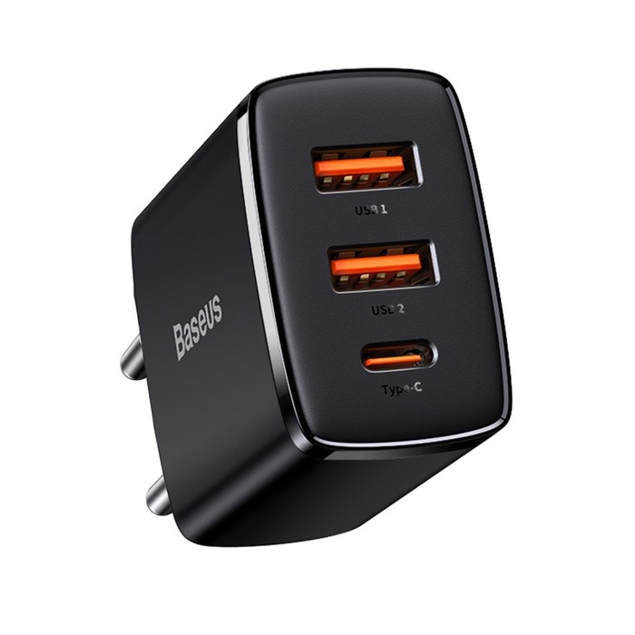 Зарядное устройство Baseus Compact Quick Charger 2*USB+USB-C, 3A, 30W, черный цена и фото